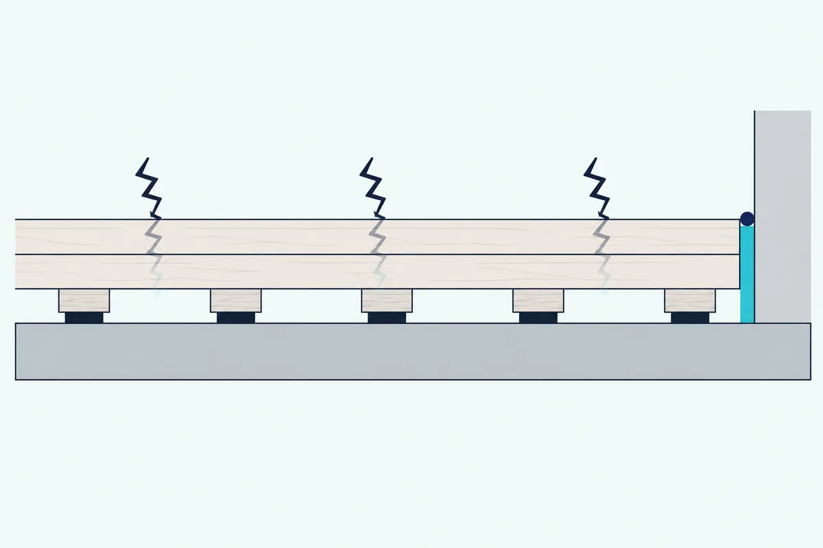 Floating floor cross-section with a wood layer on rubber pads over a concrete slab and a resilient strip at the wall