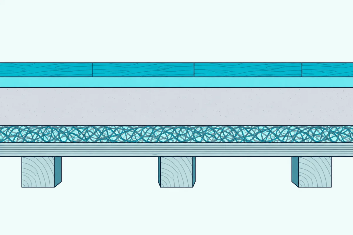Cross-section of a floating floor with wood planks on a foam mat over a gypsum layer on a sound mat above a plywood subfloor