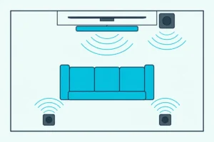 Top-down plan of a living room with a soundbar under the TV, a subwoofer in the corner and two rear speakers behind a sofa