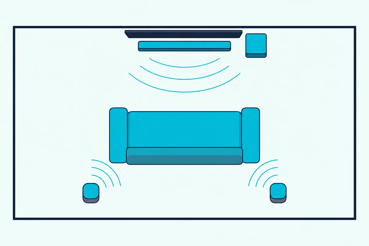 Floor plan of a living room with a soundbar under a TV, a boxy subwoofer beside it and two small speakers behind a sofa