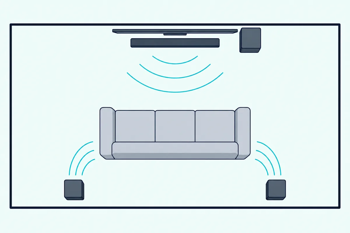 Floor plan of a soundbar under a TV, a subwoofer beside it and two small rear speakers behind a sofa