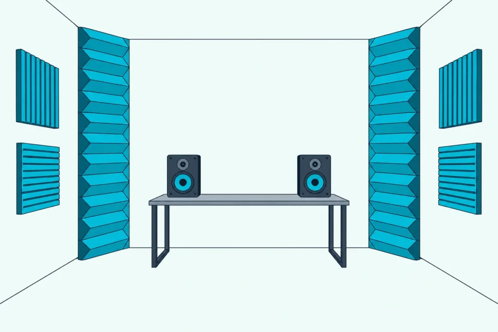Tall triangular foam bass traps filling both front corners of a home studio, with a desk and two speakers