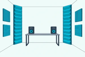Tall triangular foam bass traps filling both front corners of a home studio, with a desk and two speakers