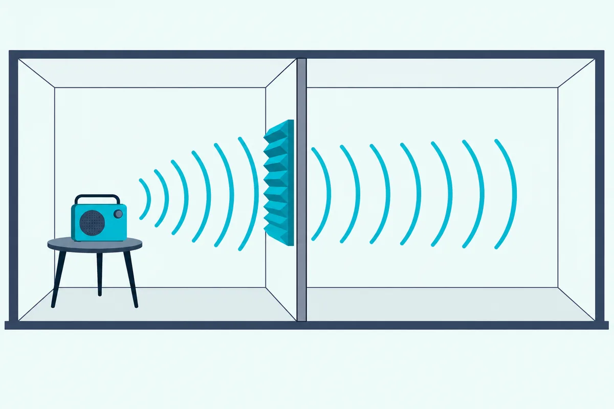 Foam acoustic panel on a shared wall with sound waves passing through the wall into the next room