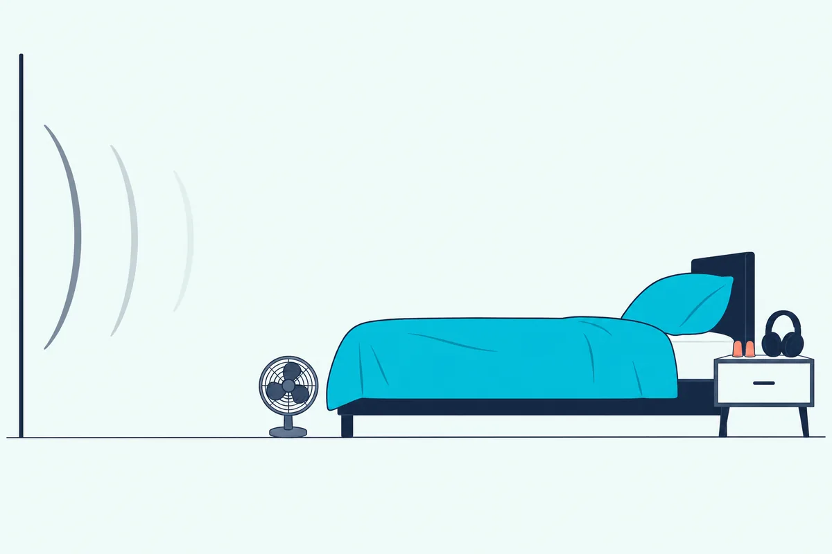 Foam earplugs and over-ear headphones on a nightstand beside a bed set against the wall farthest from the neighbor