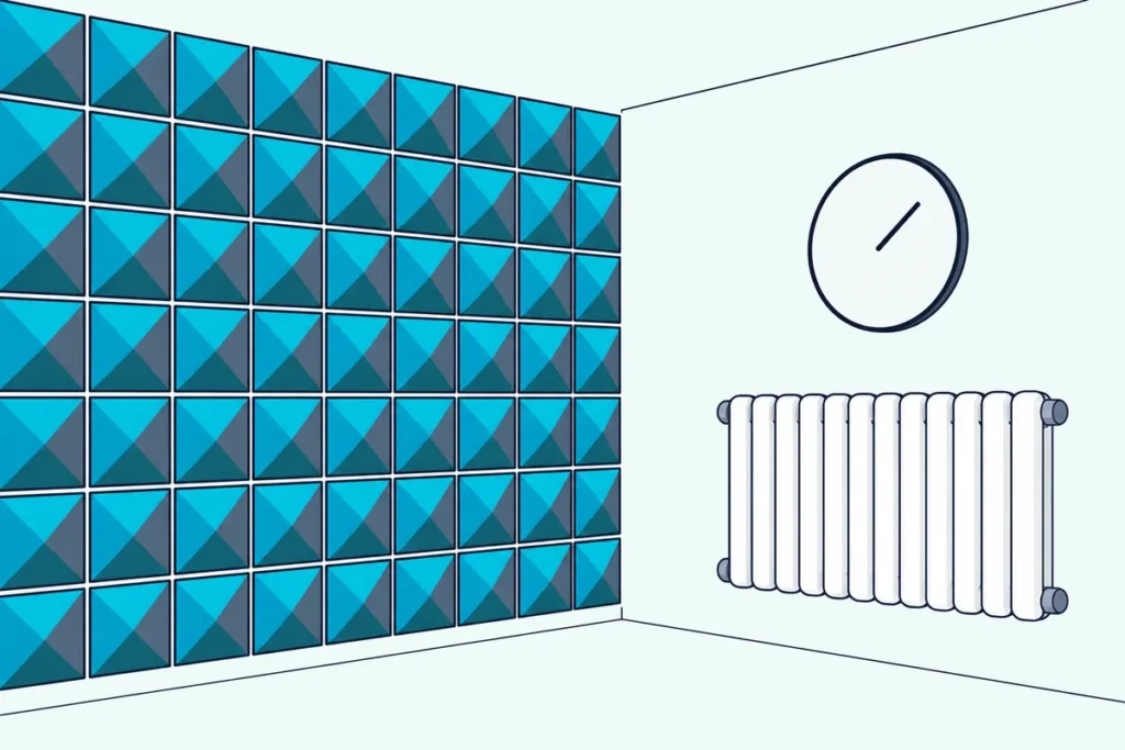 A room corner with pyramid foam on one wall and a plain round thermometer and a radiator on the other