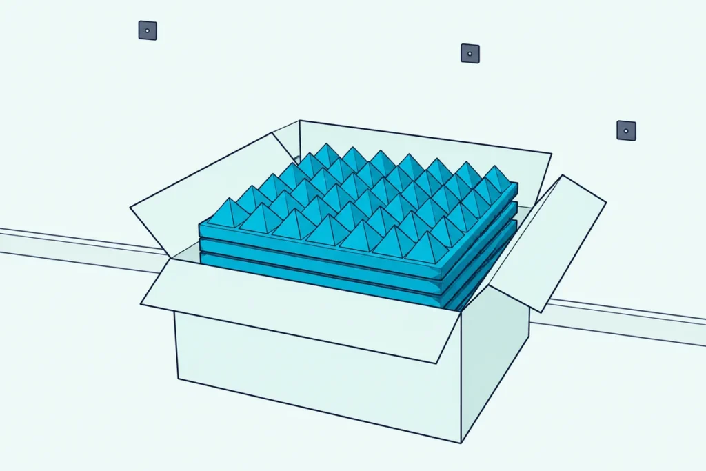 Foam tiles stacked in an open storage box beside a bare wall with a few leftover mounting tabs