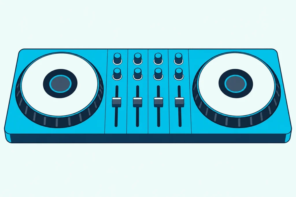 A wide DJ controller with two jog wheels and four channel strips in its mixer section