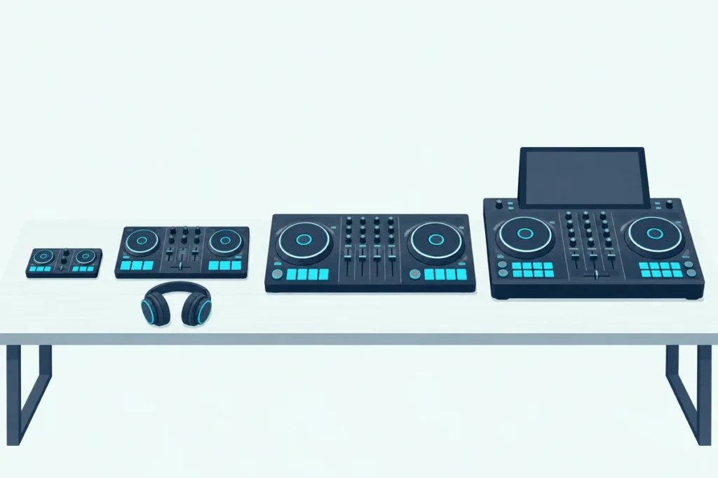 Four DJ controllers of different sizes on a long desk, from a pocket controller to an all-in-one unit with a blank screen