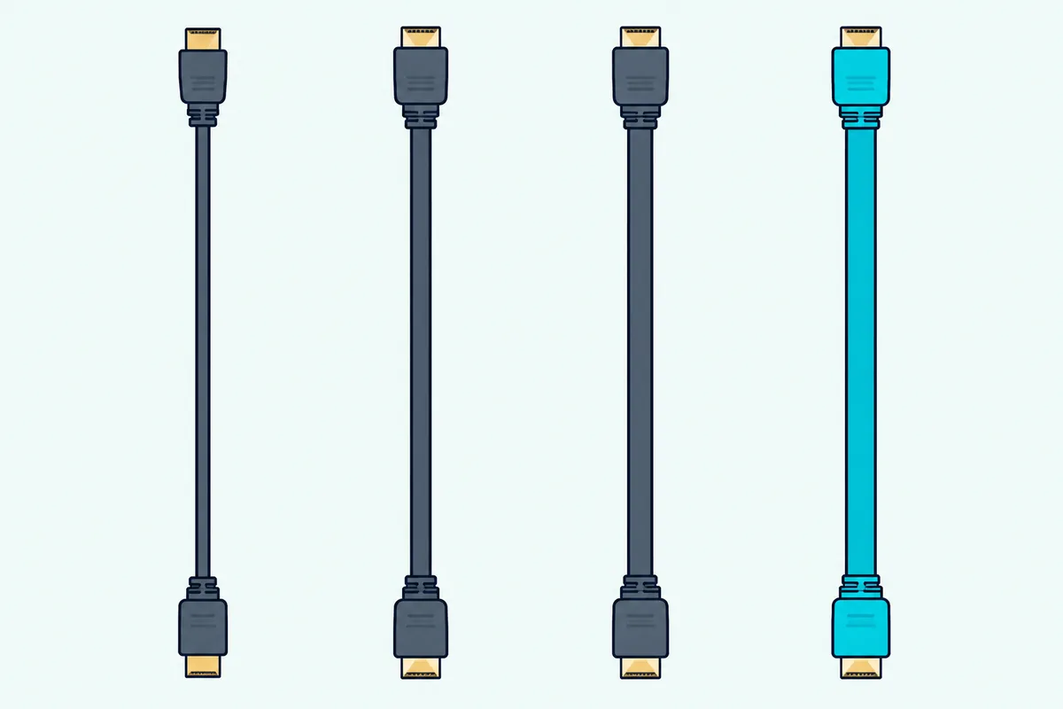 Four HDMI cables of different thicknesses laid side by side, the thickest one teal