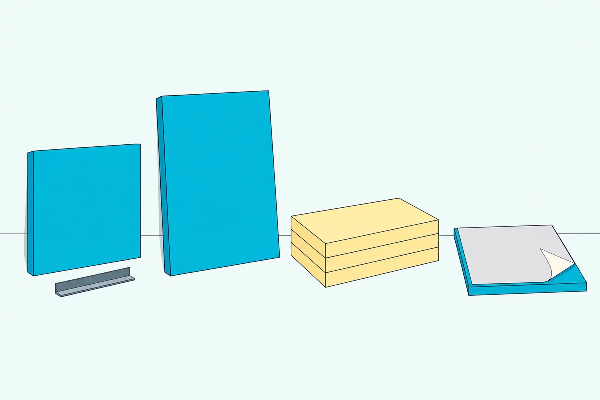 Four kinds of fiberglass panel side by side: a bracketed panel, a large panel, a bare board and a self-adhesive panel