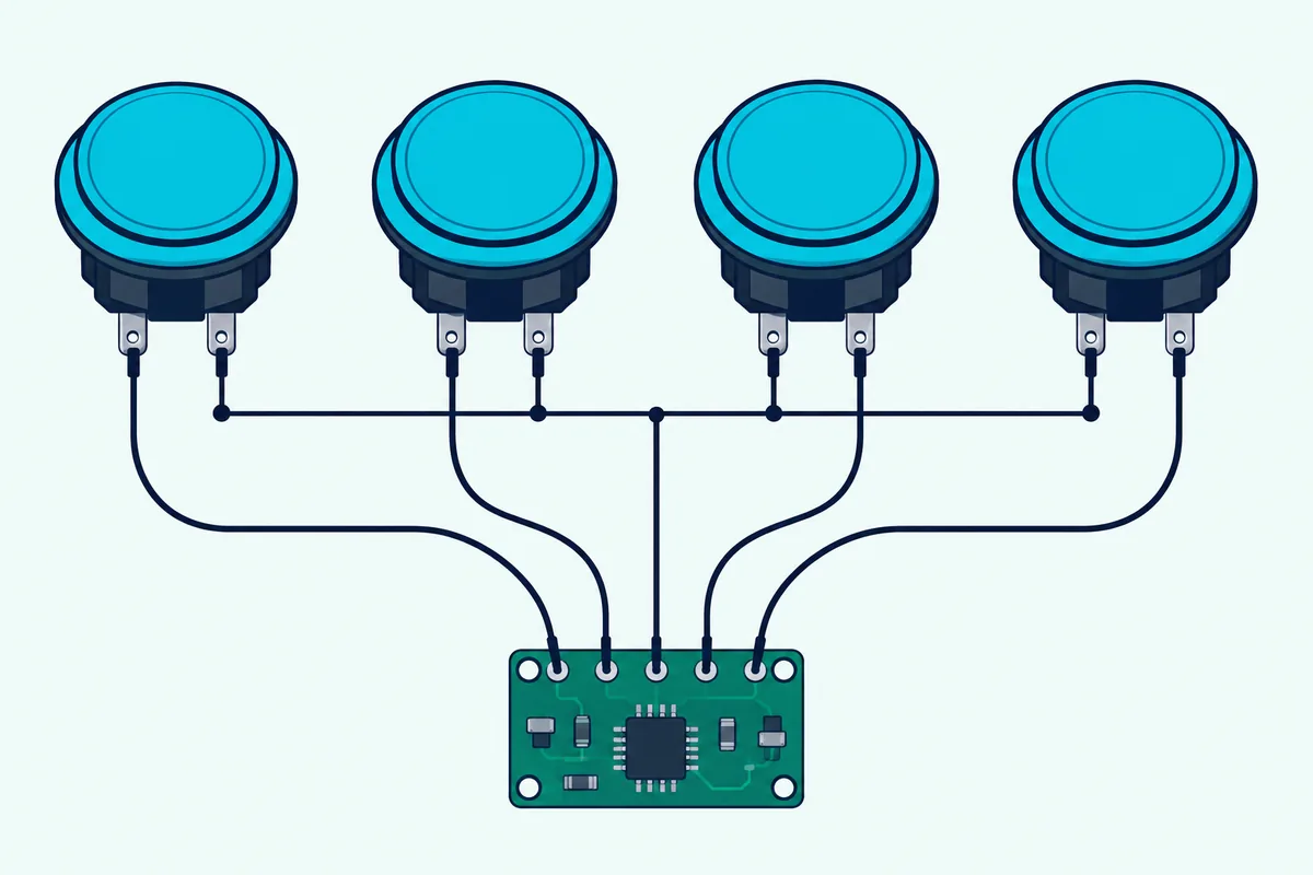 Four round buttons in a row each wired to a small circuit board