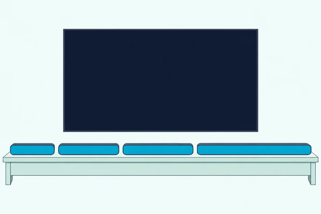 Four slim soundbars of rising length side by side on a low TV stand under a flat TV with a blank screen