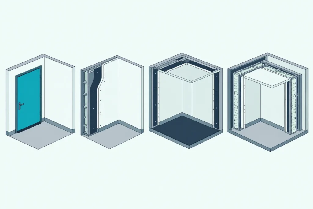 Four soundproofing projects side by side: a sealed door, one layered wall, a lined room and a room within a room