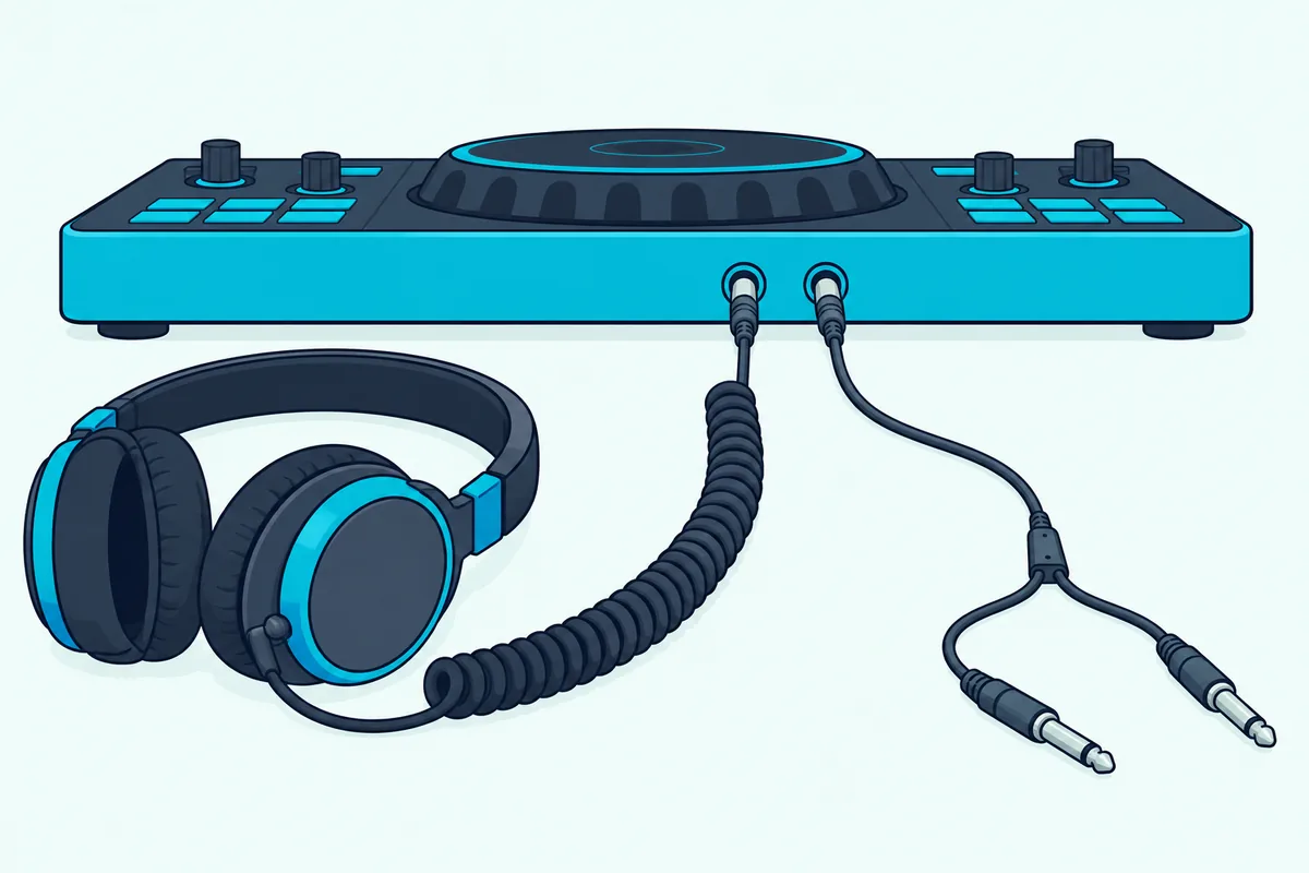 Front edge of a small DJ controller with two mini jacks, one with a headphone plug and one with a splitter cable
