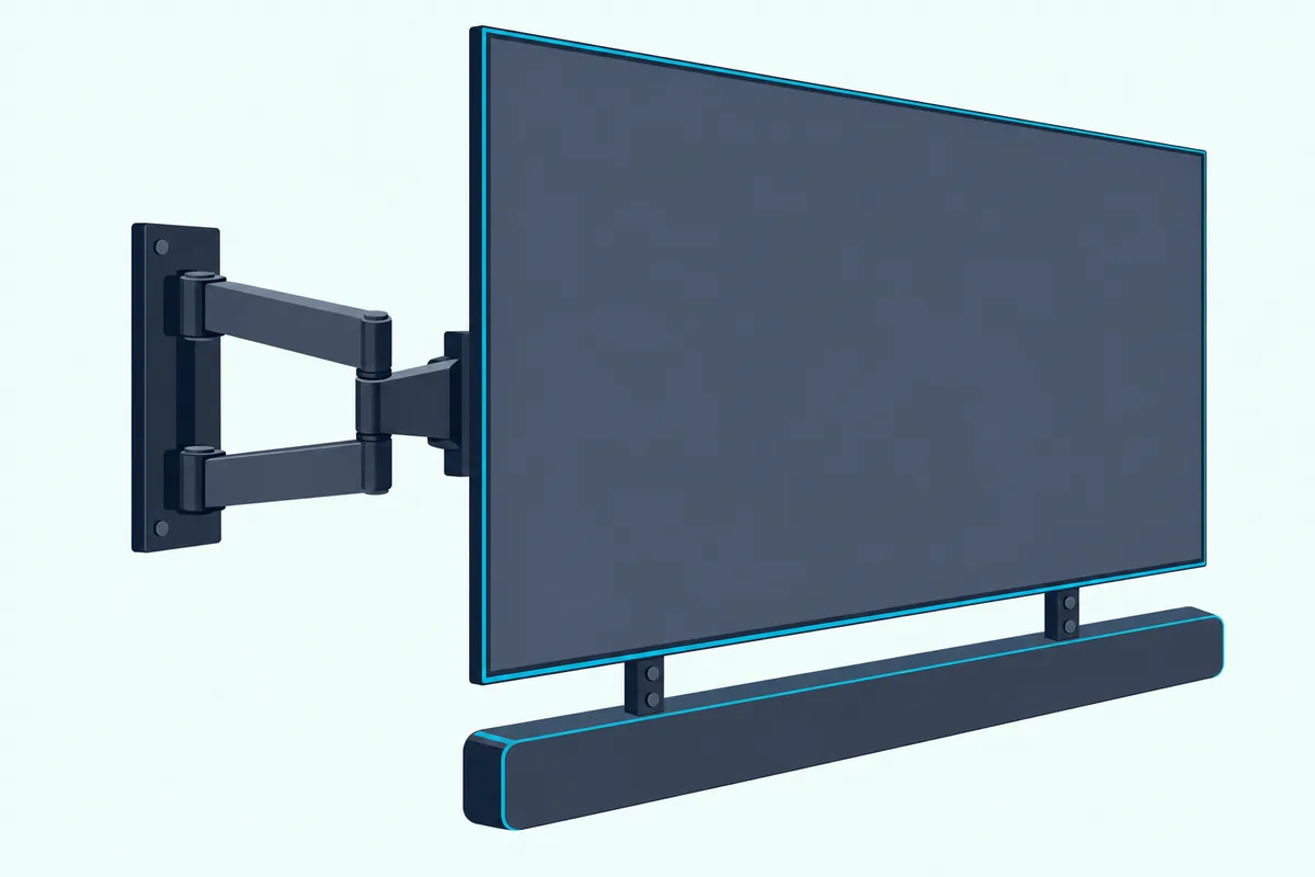 Full-motion TV wall mount arm holding a flat TV with a soundbar hung from the same mount below it