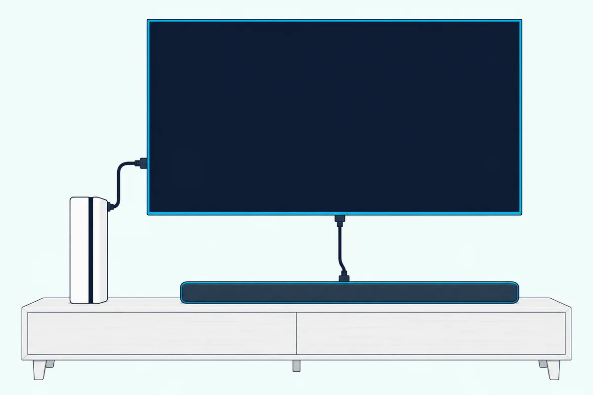 Game console beside a wall-mounted TV with one HDMI cable into the TV and a second from the TV down to a soundbar