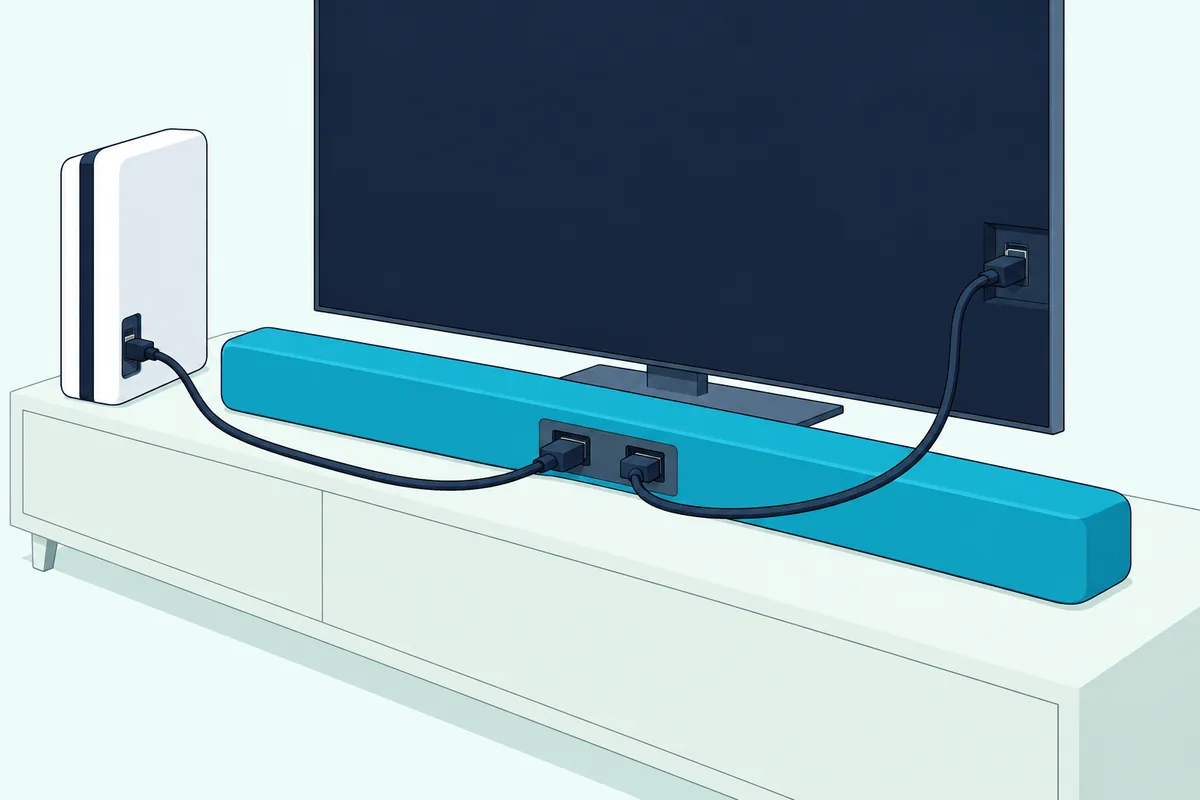 Game console with an HDMI cable into the back of a soundbar and a second HDMI cable from the soundbar up to a TV