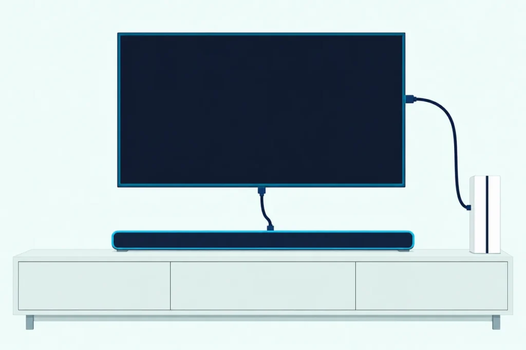Game console, wall-mounted TV and soundbar on a living-room console, joined by two HDMI cables