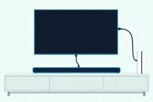 Game console, wall-mounted TV and soundbar on a living-room console, joined by two HDMI cables