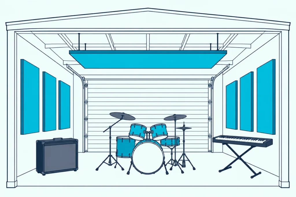 A garage band room with a drum kit, an amp and a keyboard, fabric panels on the walls and a ceiling cloud