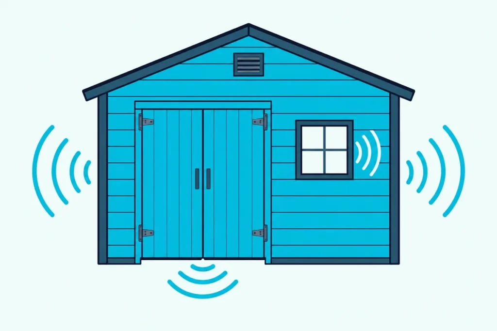 A garden shed with sound-wave lines escaping through the door gap, the window and the walls