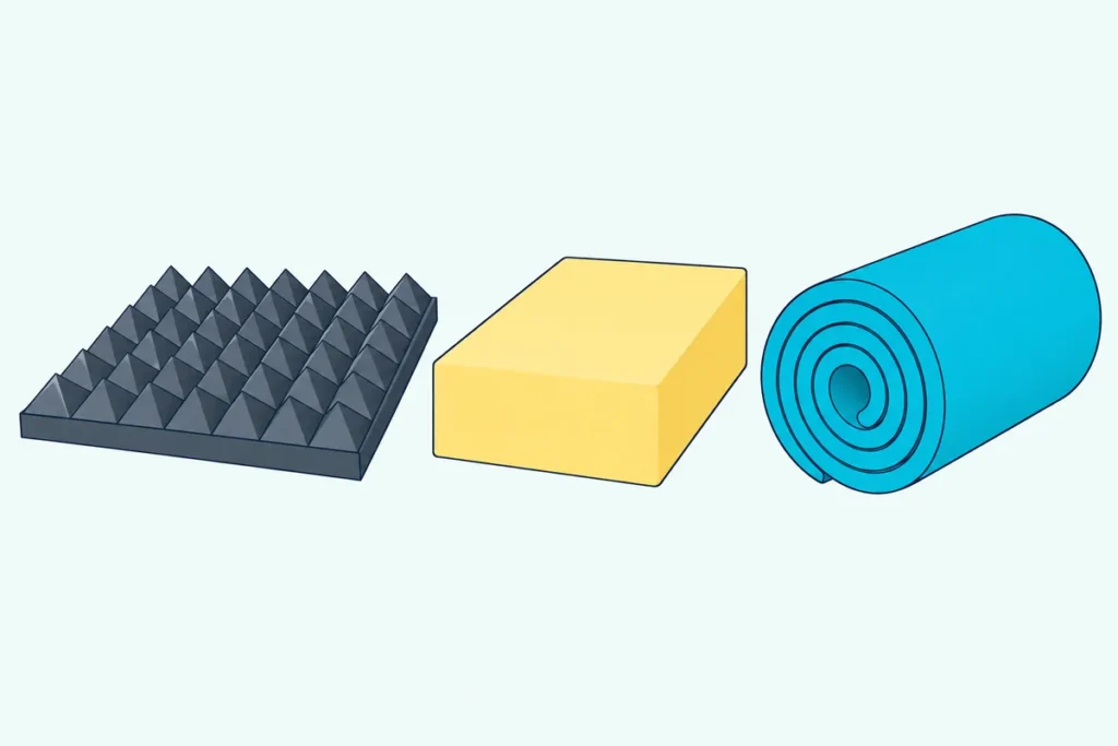 A gray pyramid acoustic foam panel beside a yellow upholstery foam block and a rolled closed-cell foam pad