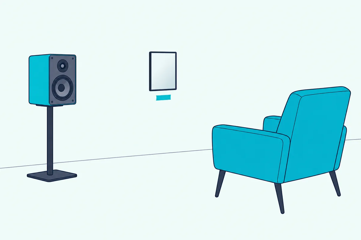 Hand mirror held flat against a side wall at seated ear height, with a speaker on a stand and an empty chair nearby