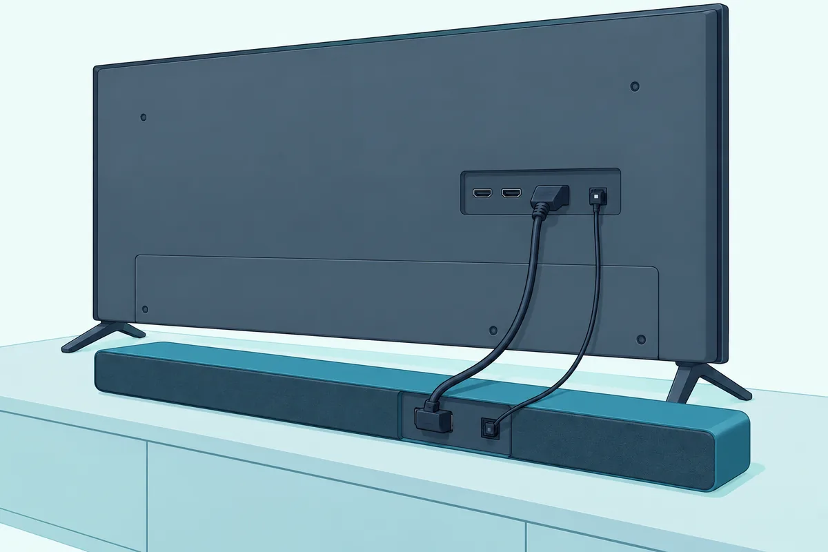 HDMI cable and thin optical cable plugged into the port panel on the back of a TV, both running down to a soundbar below