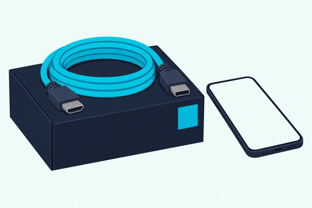 HDMI cable box with a blank square teal label on its corner and a phone with a blank screen beside it