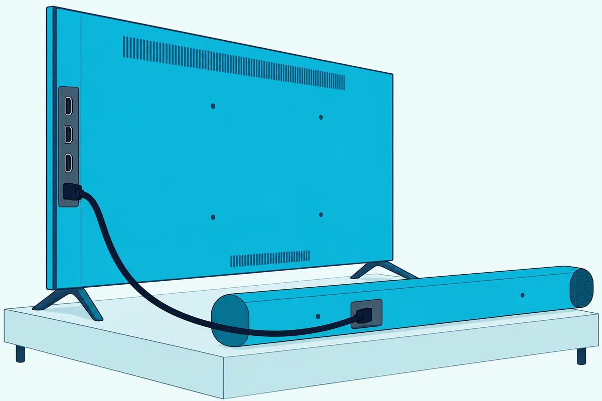 HDMI cable running from the side panel of a flat TV into the back of a slim soundbar on a low stand