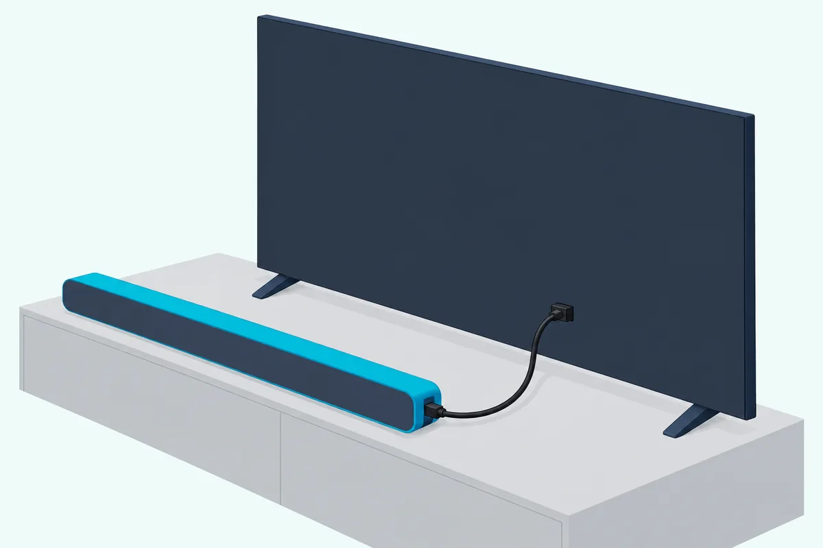 HDMI cable running from a low soundbar to the back of a TV on a light stand
