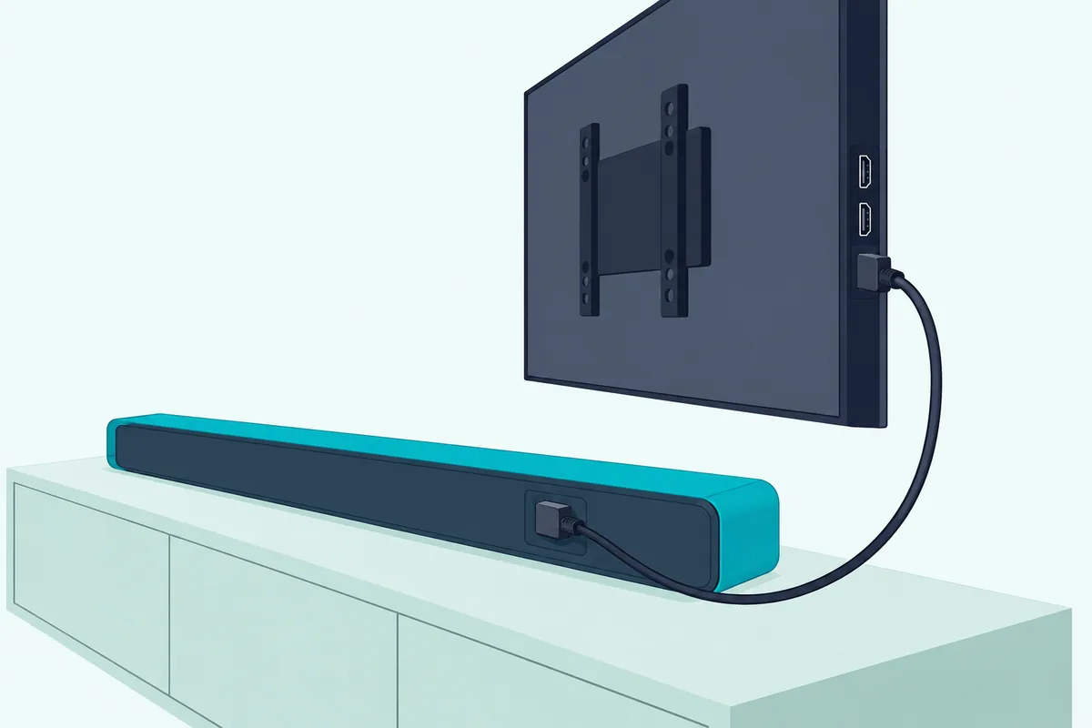HDMI cable from the back port of a soundbar running up to the side ports of a wall-mounted TV with a blank screen