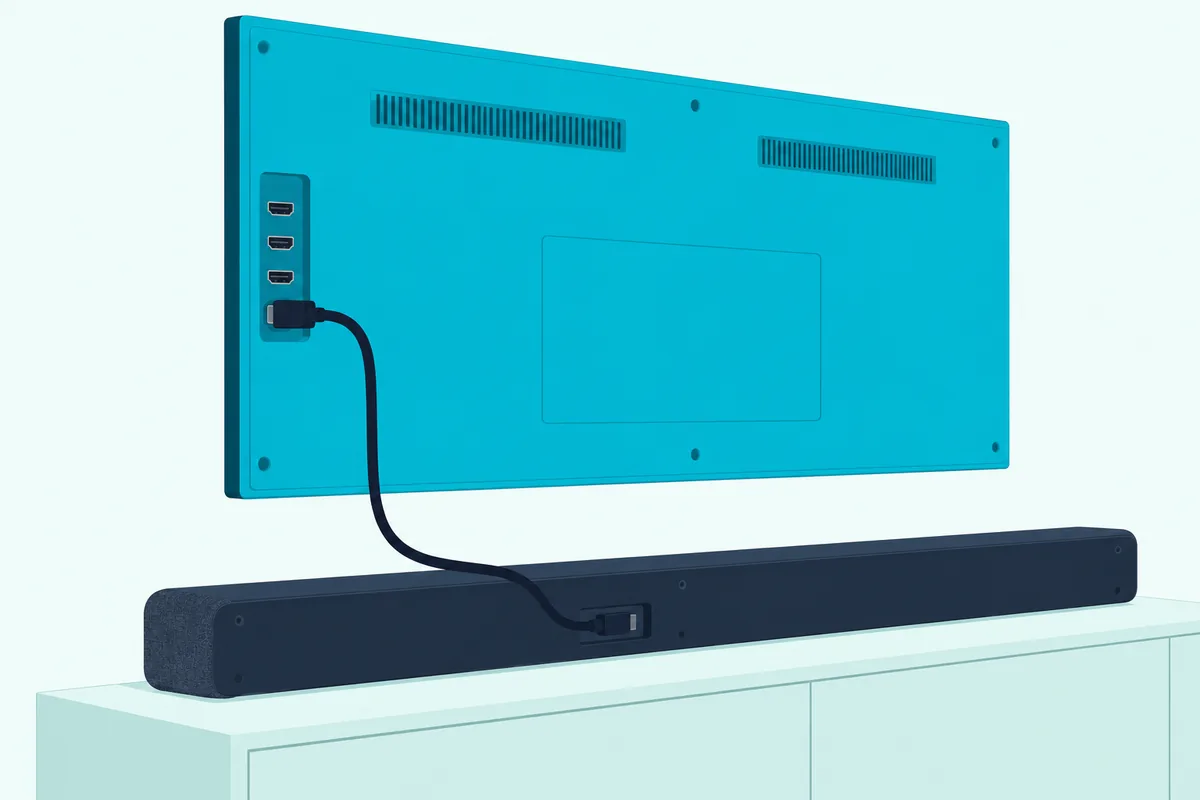 HDMI cable running from the back panel of a wall-mounted TV down to the rear of a long soundbar on a cabinet