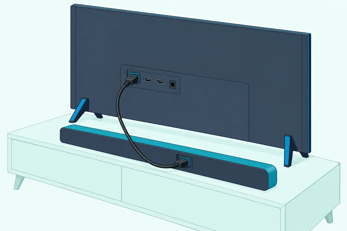 HDMI cable plugged into the back panel of a TV running down to a long soundbar on a low console