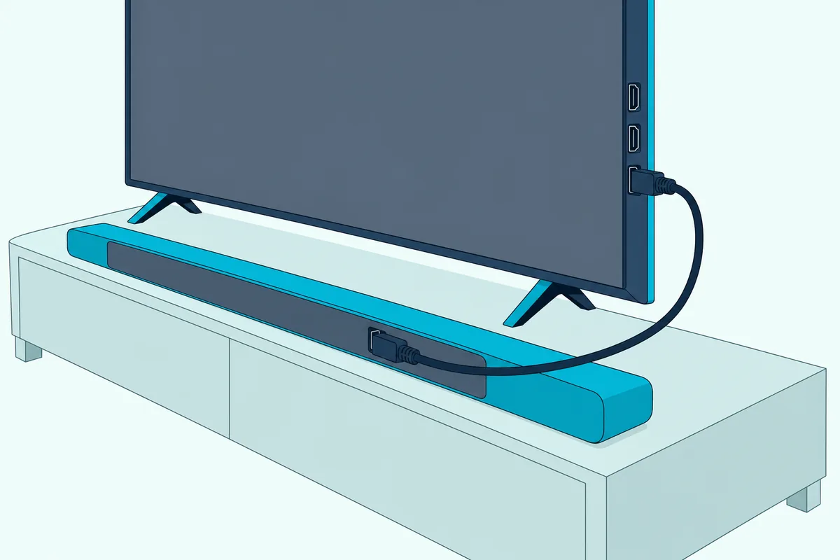 HDMI cable running from the side ports of a wall-mounted TV with a blank screen down to a soundbar below it