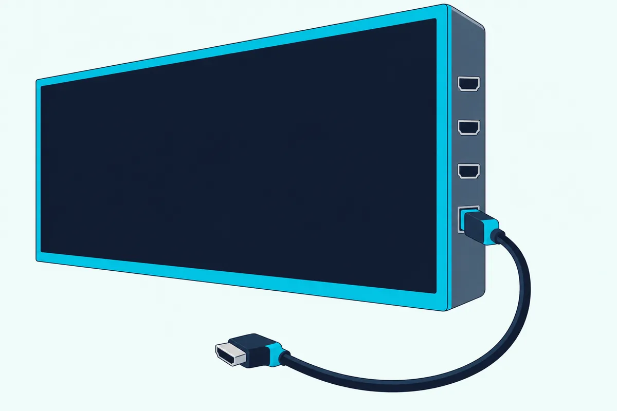 HDMI cable plugged into the last of four plain sockets on the side panel of a TV, with the other three left empty