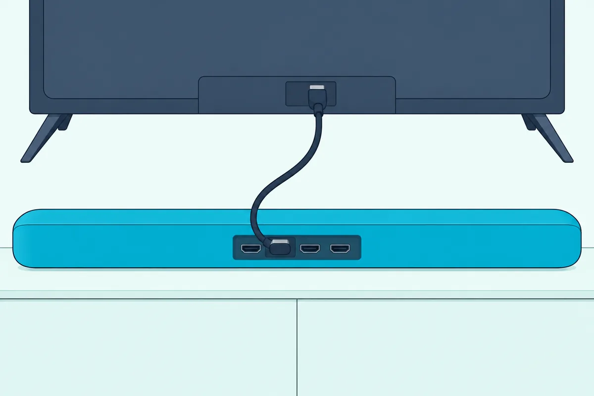 HDMI cable plugged into the back panel of a soundbar below a TV