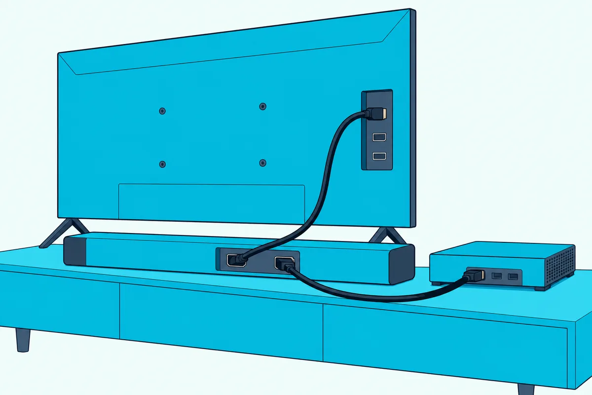 Two HDMI cables, one from a TV and one from a game console box, plugged into the back of a soundbar