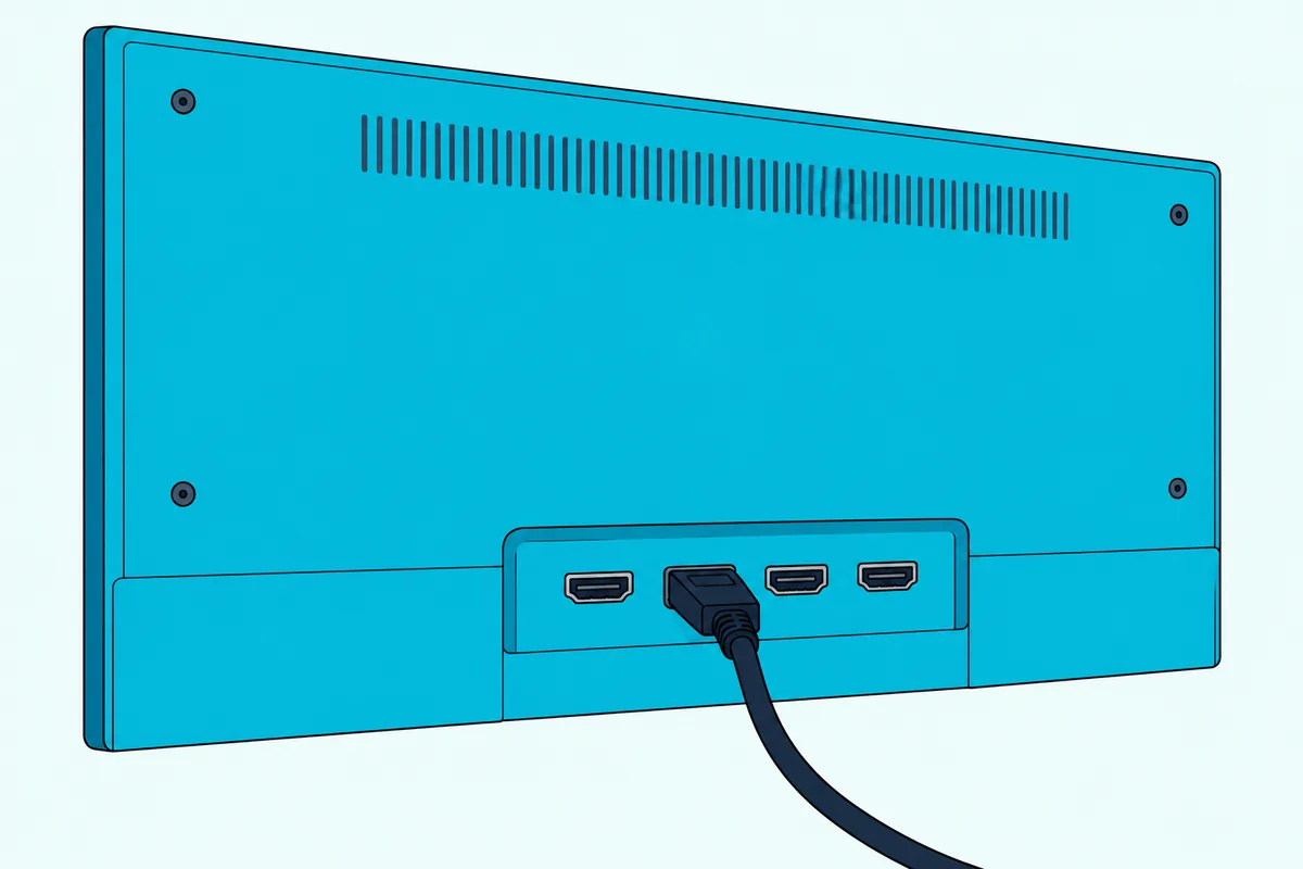 HDMI plug seated in one of a row of identical ports on the rear panel of a TV, its cable curving away