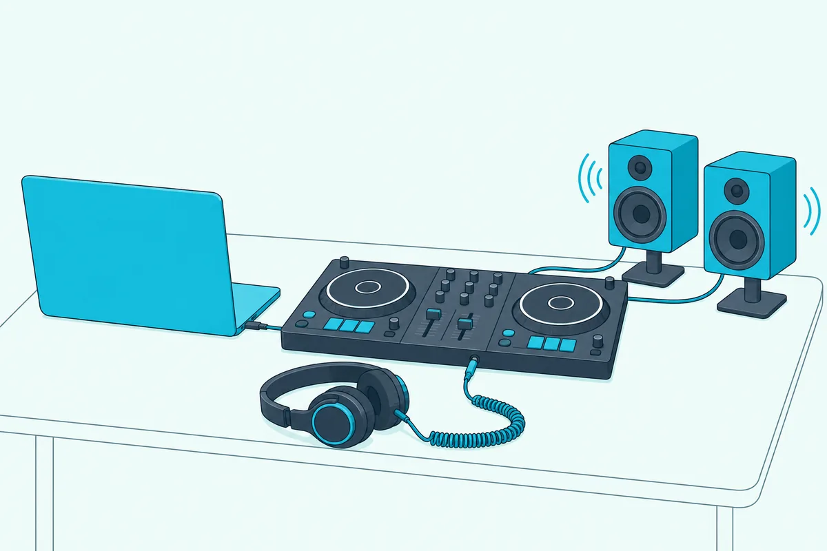 Headphones and two powered speakers wired to a DJ controller that connects to a laptop by one USB-C cable