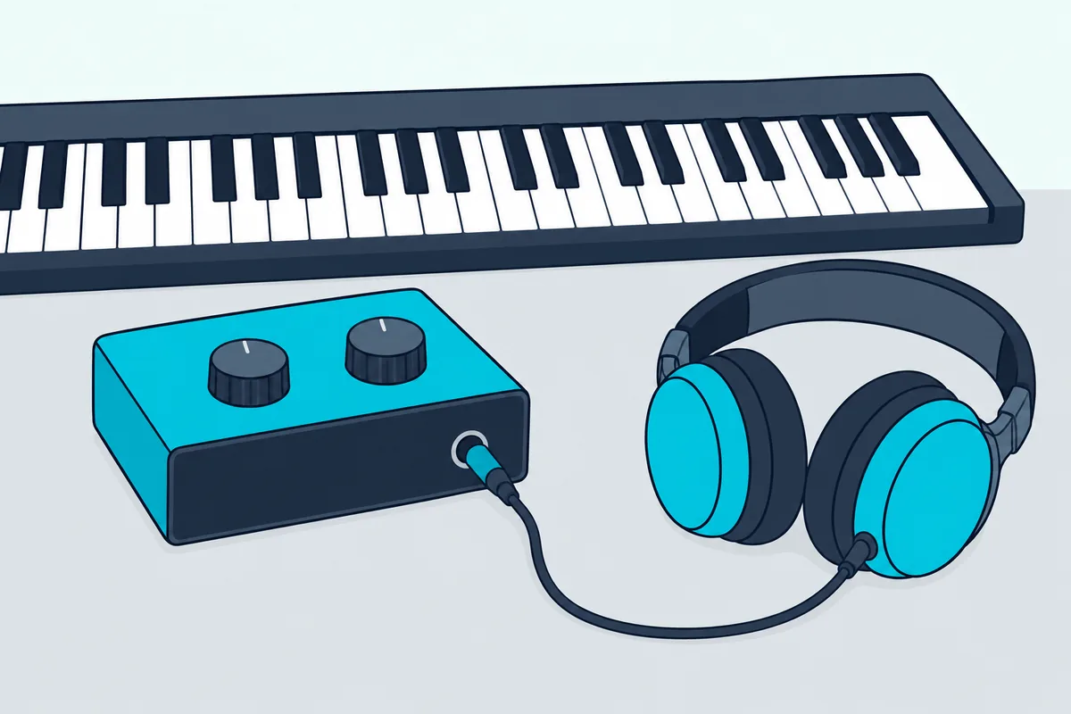 Closed-back headphones plugged into a small two-knob audio interface beside a 49-key MIDI keyboard