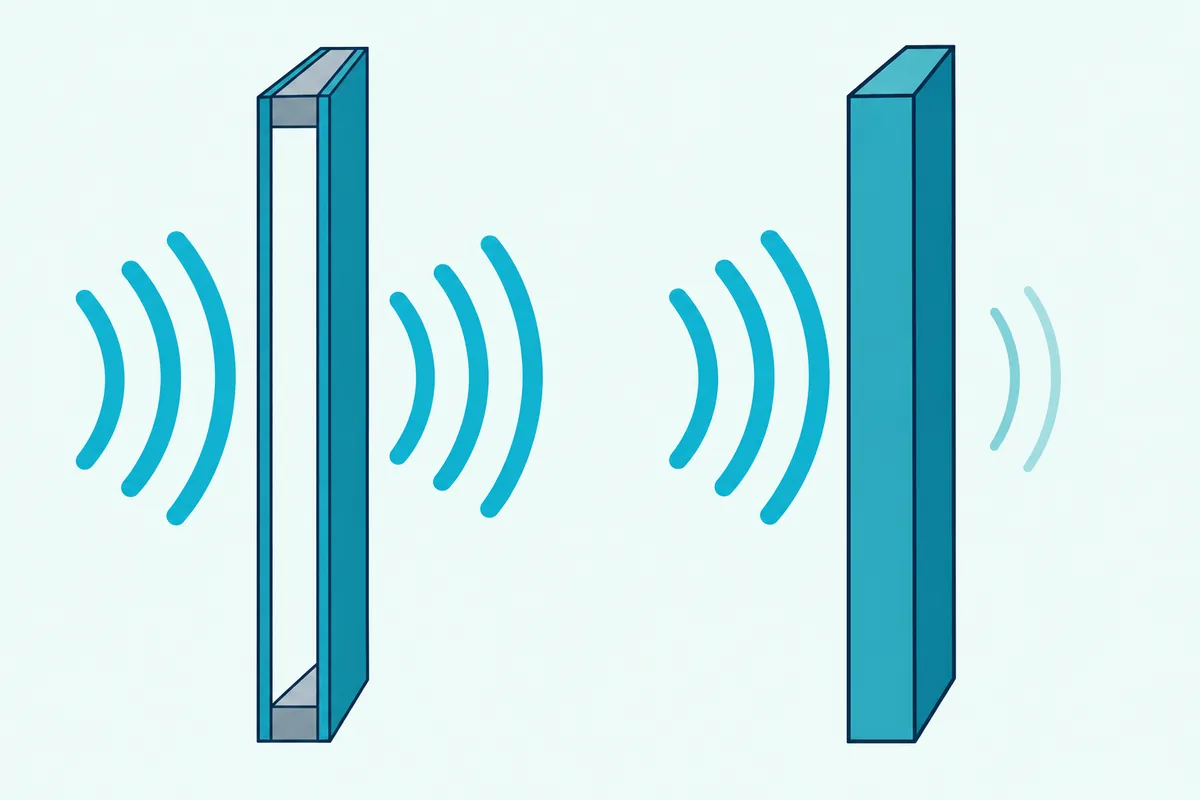 A hollow and a solid door slab side by side, with sound waves passing through the hollow one and fading in the solid one
