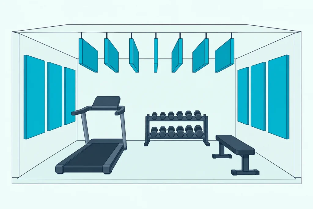 A home gym with a treadmill, weight rack and bench, fabric panels on the walls and baffles hanging under the ceiling