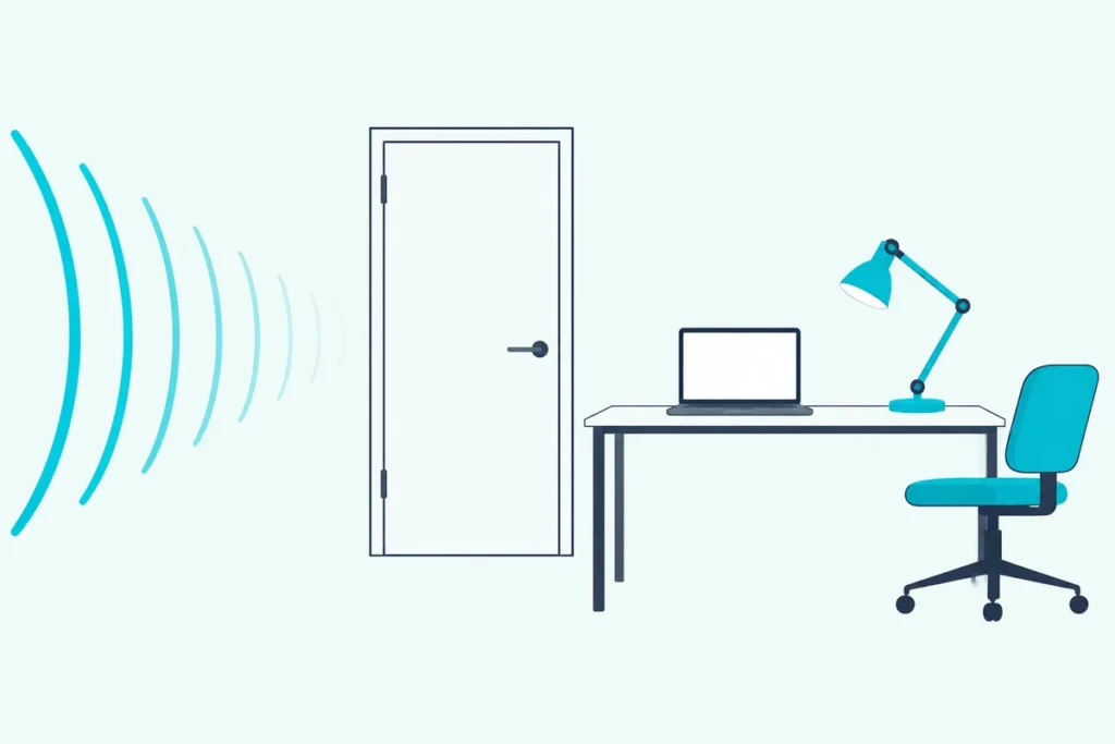 A home office with a desk, a laptop and a closed door, and sound-wave lines growing fainter before they reach the desk