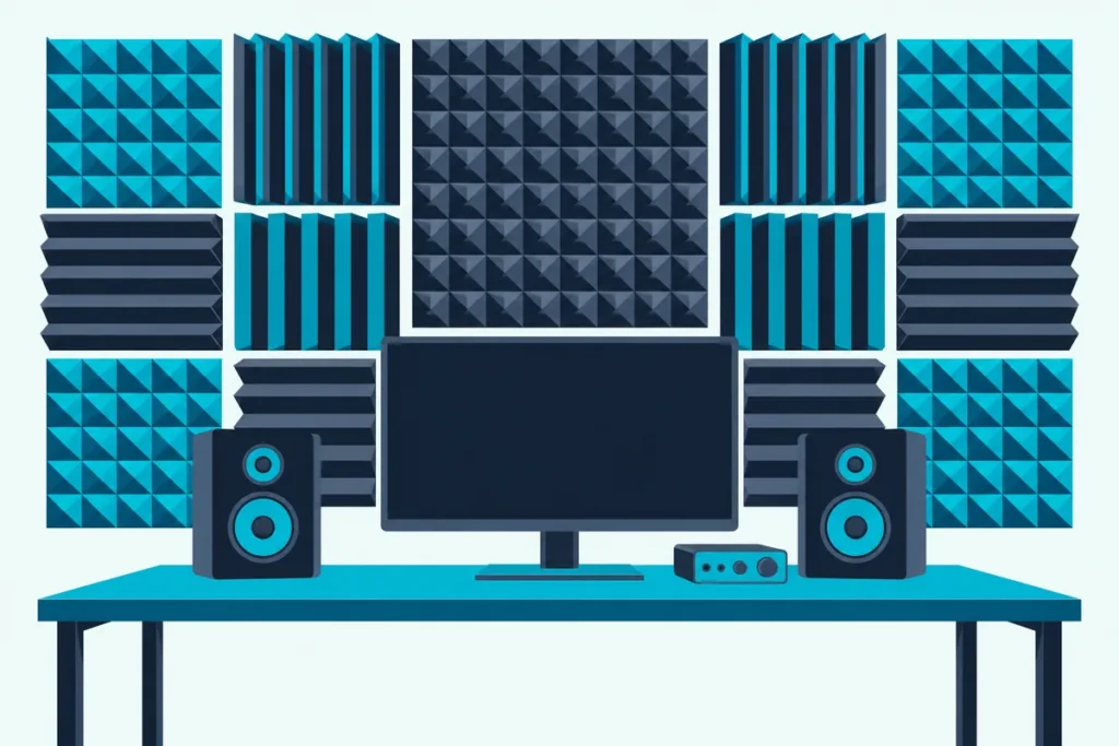 A home recording desk with a monitor, two speakers and an audio interface in front of a wall of pyramid and wedge foam