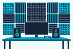 A home recording desk with a monitor, two speakers and an audio interface in front of a wall of pyramid and wedge foam