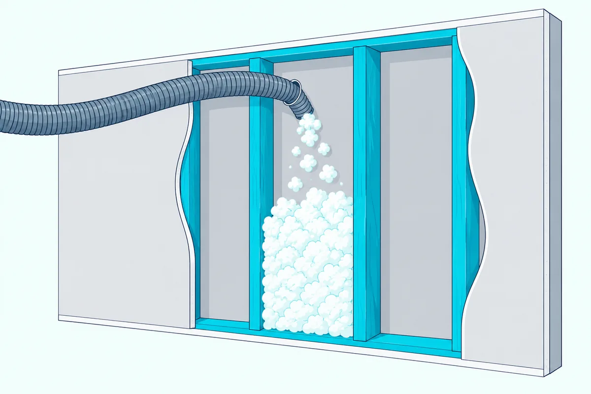 Hose blowing loose-fill insulation into a closed wall through a small round hole near the top of one stud bay