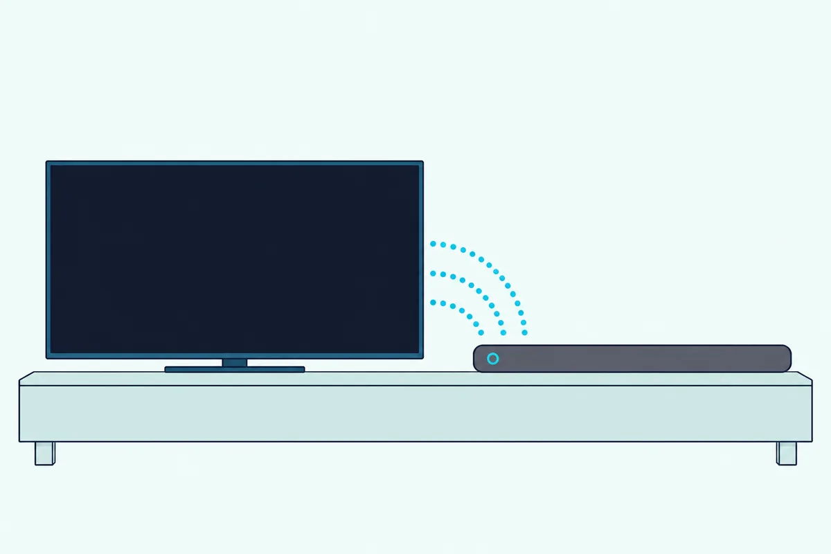 Slim sound bar with a small blue light on its front beside a TV, linked by dotted arcs instead of a cable