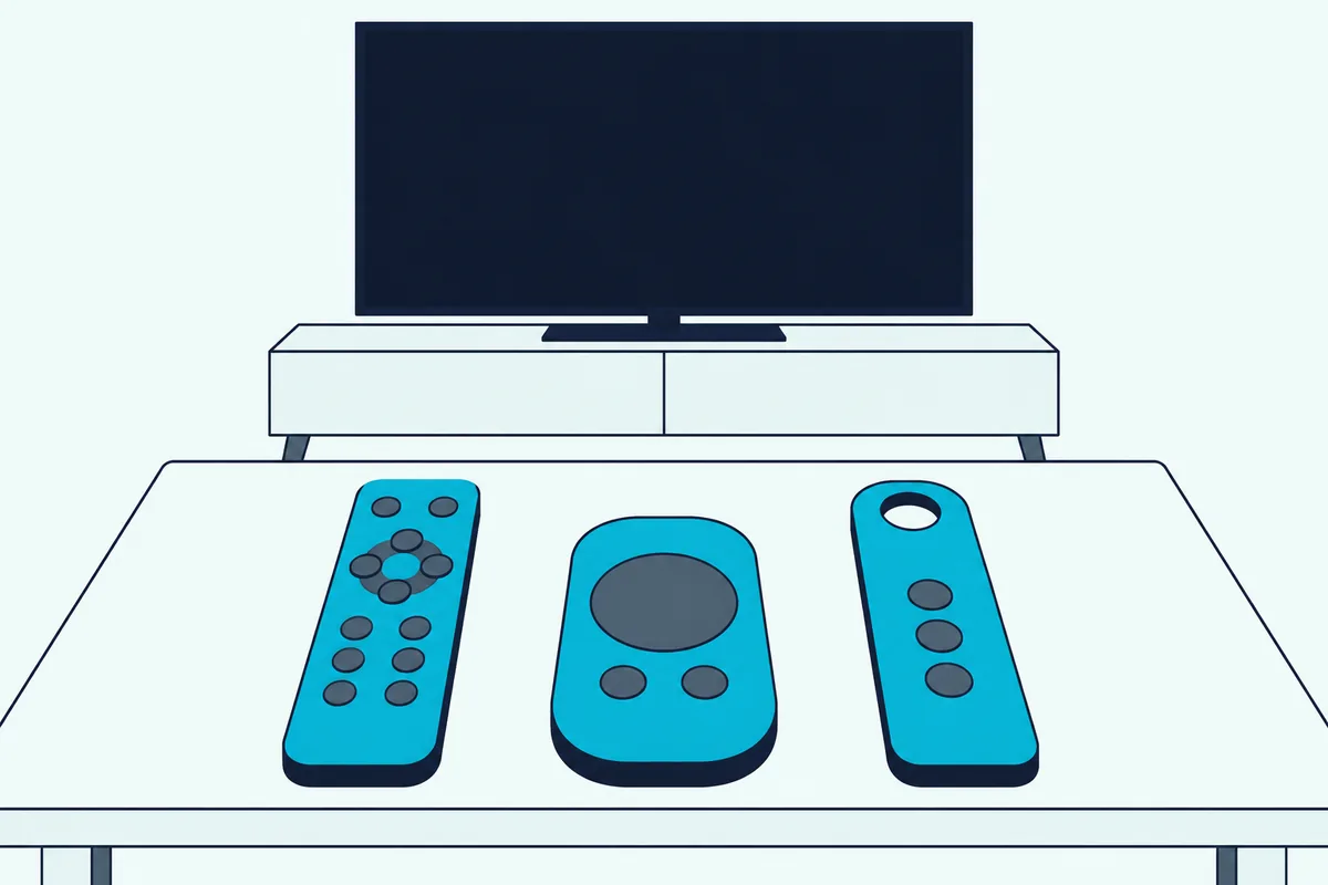 Three TV remotes of different shapes side by side on a low table in front of a TV with a blank screen